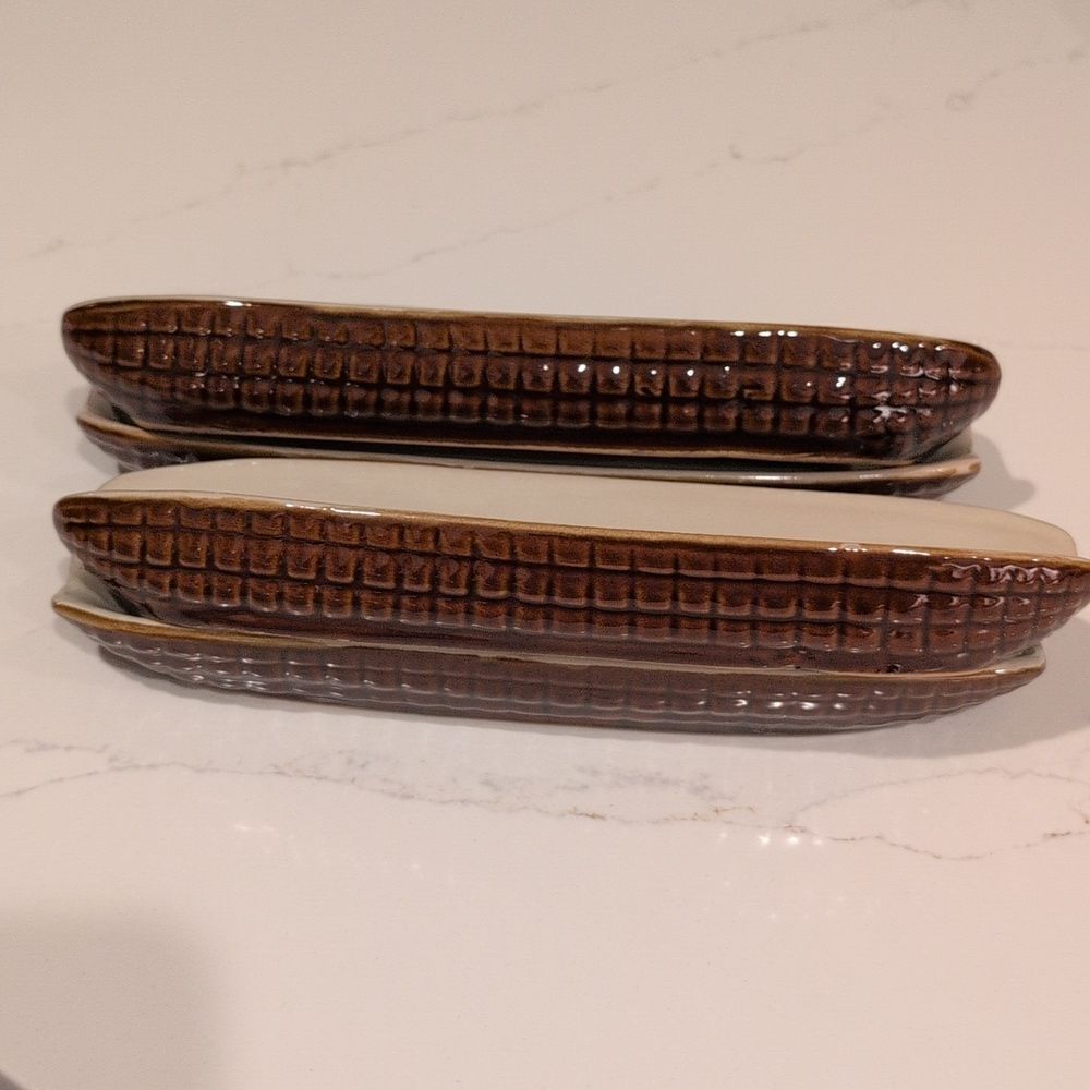 Vintage MCM Brown & Cream Ceramic Corn Dishes Set of 4